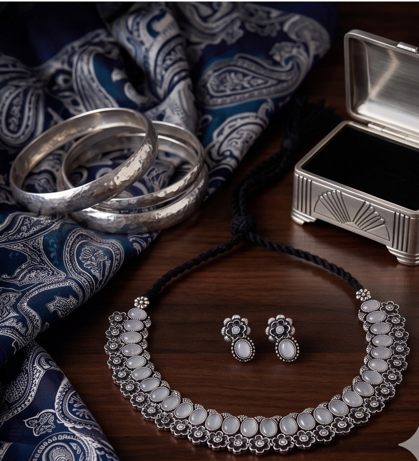 Oxidised Silver Plated Choker Set - Beaded Treasures