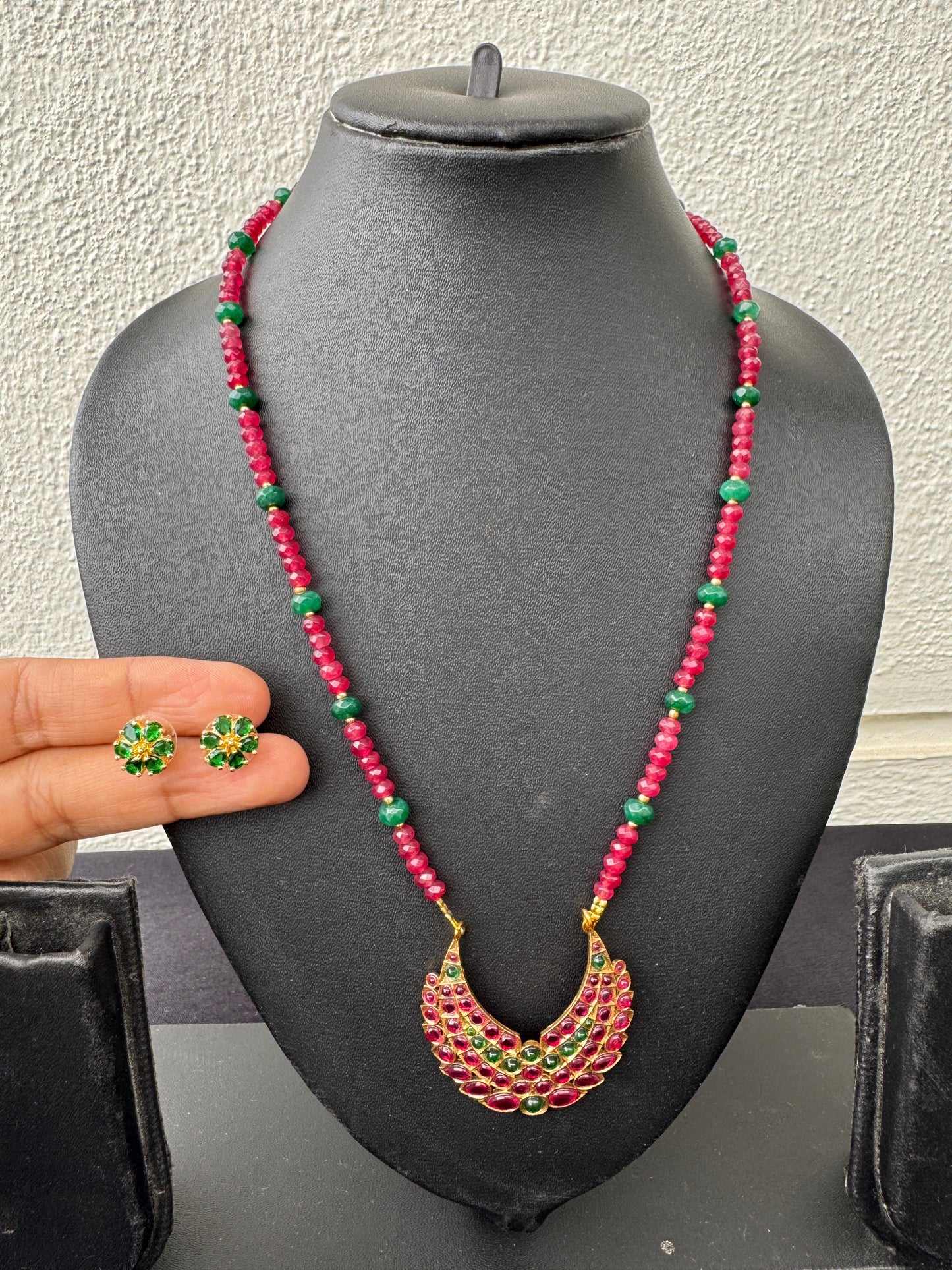 Handmade Kemp & Emerald Bead Necklace Set with Chandbali Pendant - Beaded Treasures