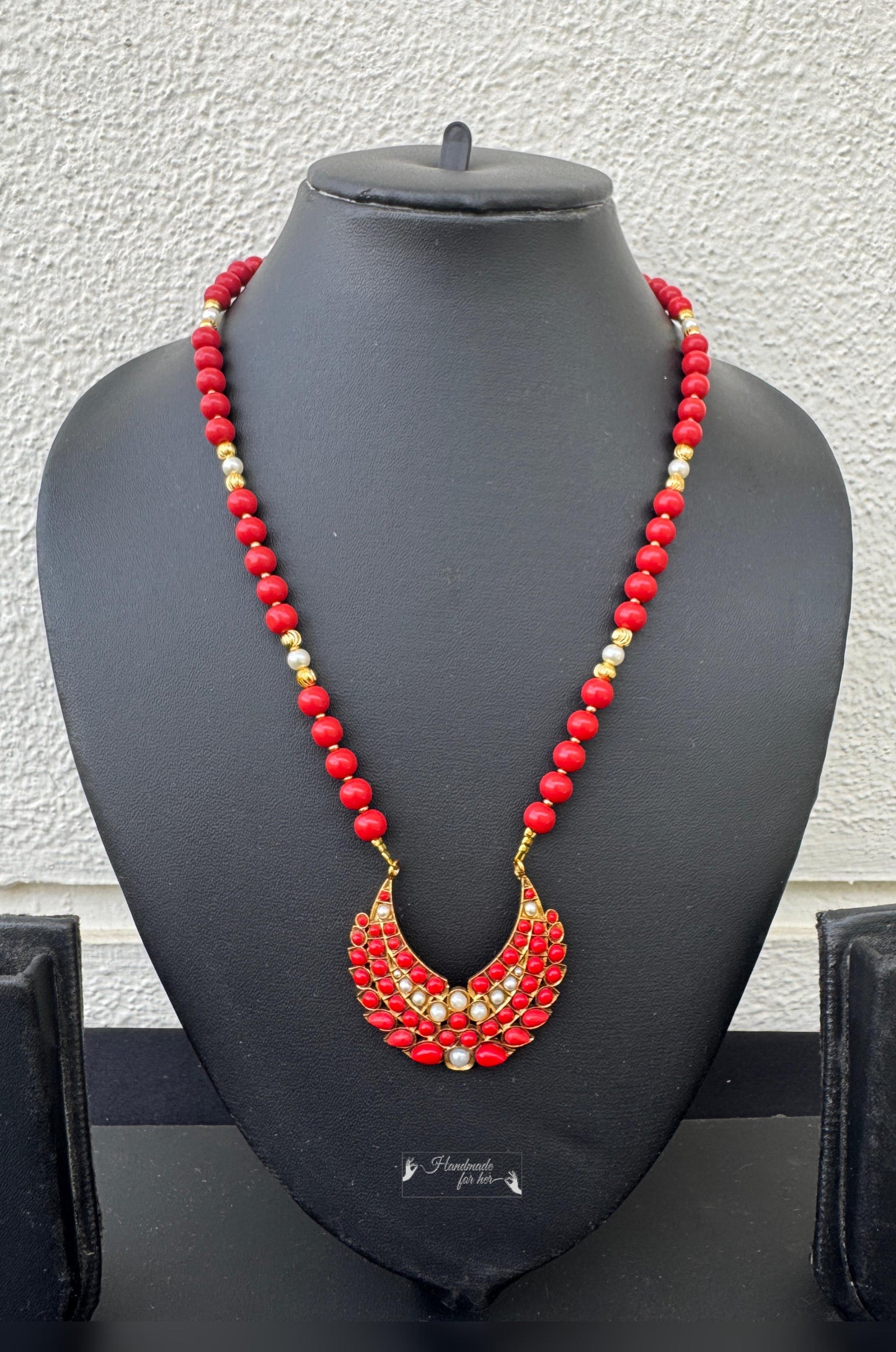 Handmade Red Coral Bead and Crescent Moon Necklace - Beaded Treasures