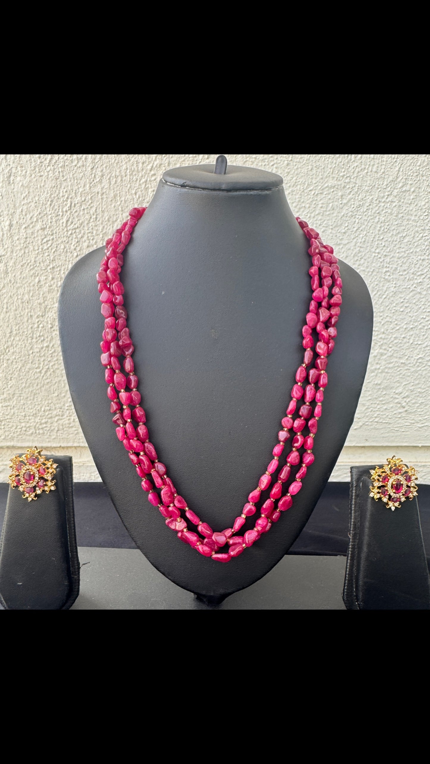 Handmade Natural Ruby Three-Strand Necklace Set with Earrings - Beaded Treasures