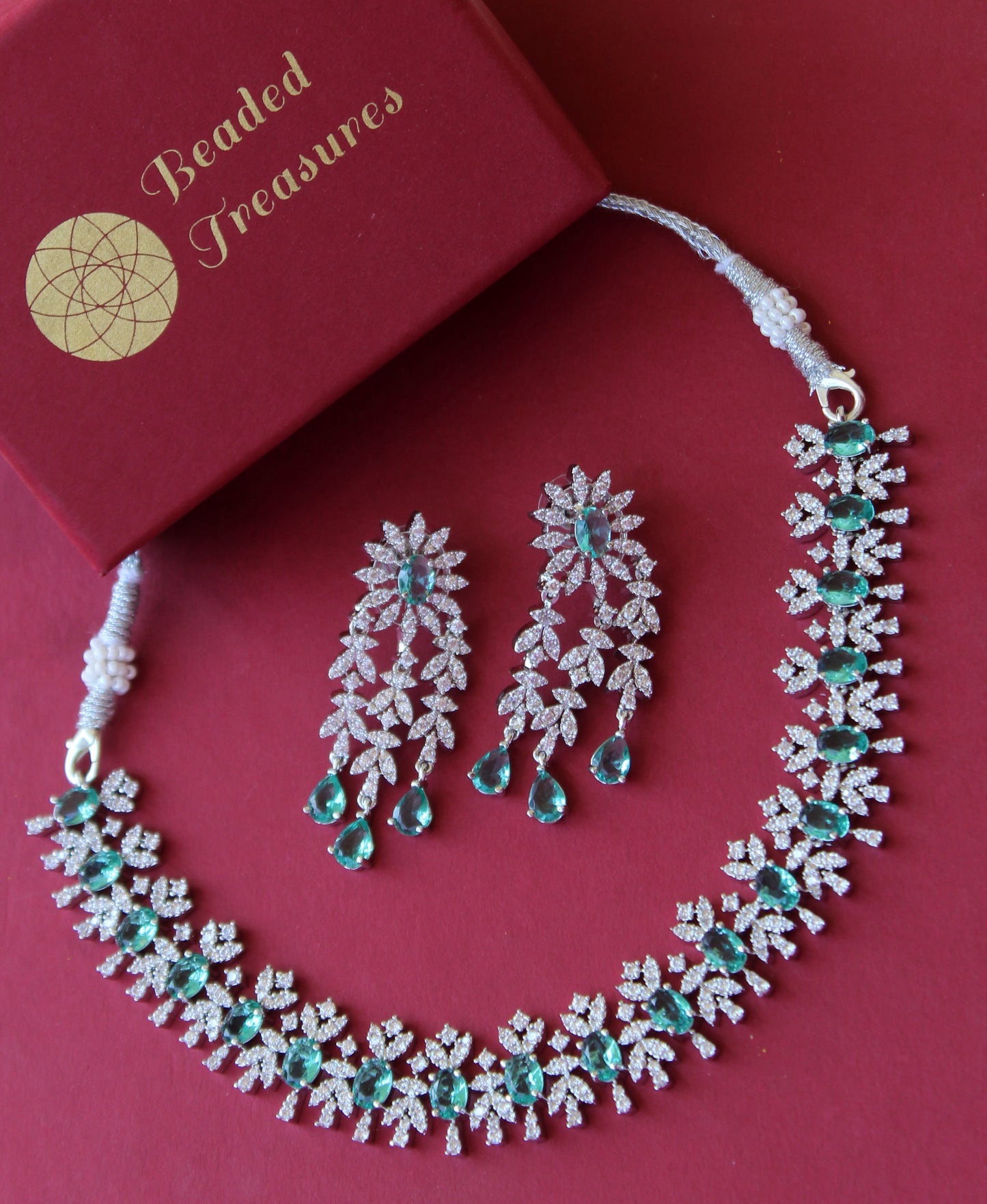 Silver Tone CZ Necklace & Earring Set with Green Stones - Beaded Treasures