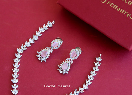 Anshi Art American Diamond Drop Necklace Set with Pink Stones - Beaded Treasures