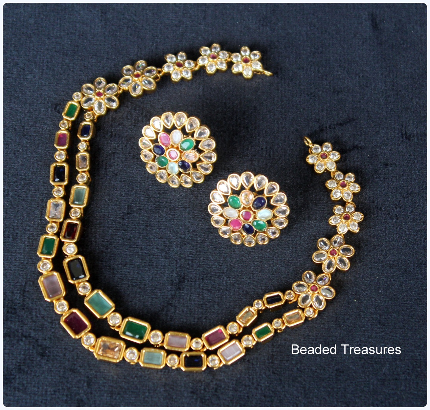 Matte Finish Double Line Navaratna Stone Square Medium Neckset - Beaded Treasures