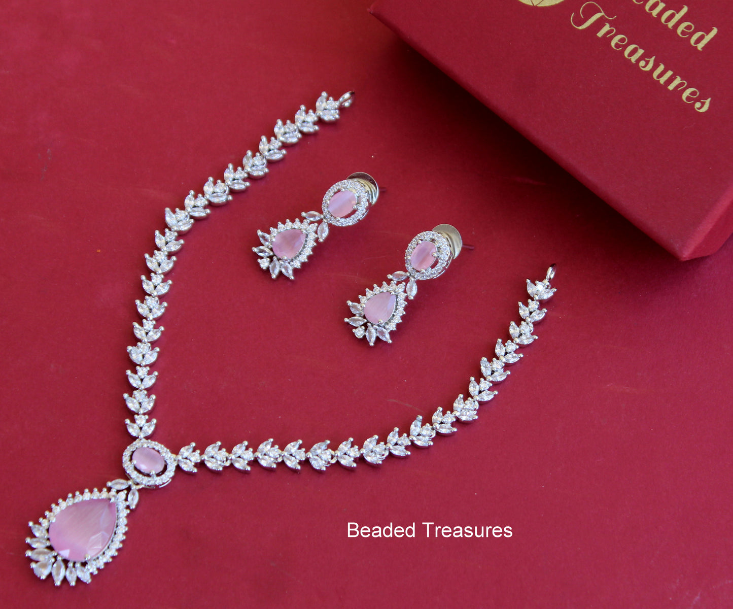Anshi Art American Diamond Drop Necklace Set with Pink Stones - Beaded Treasures