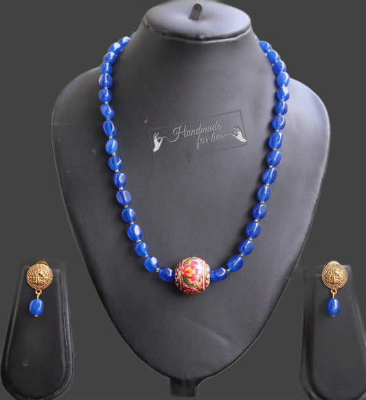 Handmade Blue Jade Beaded Necklace Set with Painted Accent Bead & Earrings - Beaded Treasures