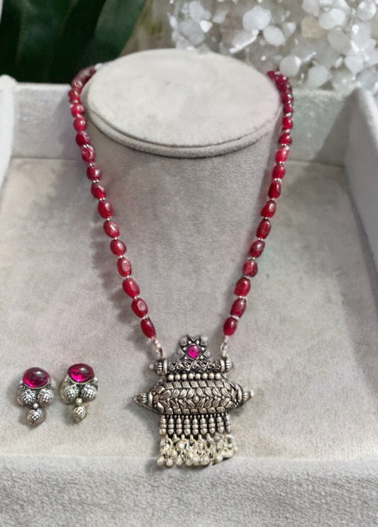 Oxidized Silver Ruby Bead Necklace Set with Earrings - Beaded Treasures