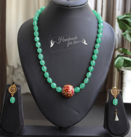 Handmade Emerald Green Beaded Necklace Set with Painted Accent Bead & Earrings - Beaded Treasures