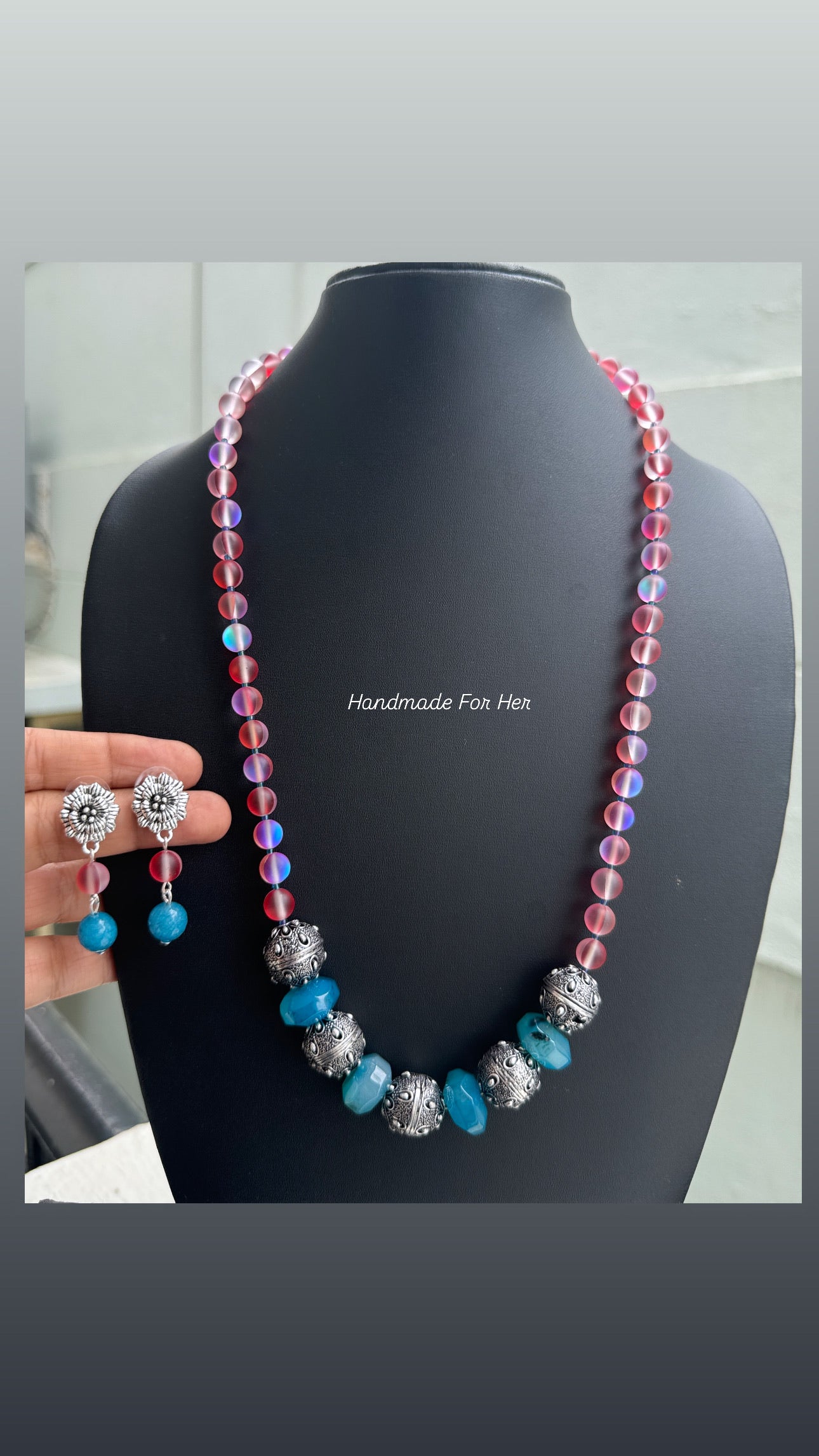 Handmade Multi-Color Glass Bead Necklace Set with Silver Accents & Earrings - Beaded Treasures