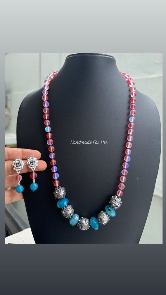 Handmade Multi-Color Glass Bead Necklace Set with Silver Accents & Earrings - Beaded Treasures