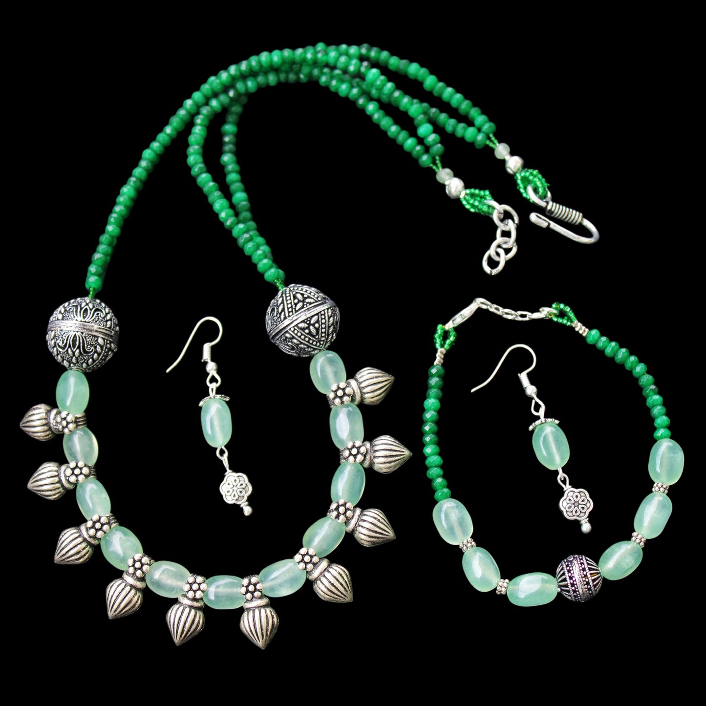 Handmade Green Beaded Necklace Set with Silver Accents & Earrings - Beaded Treasures