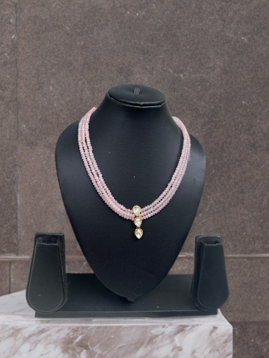 Handmade Rose Quartz Three-String Necklace with Crystal Accents - Beaded Treasures