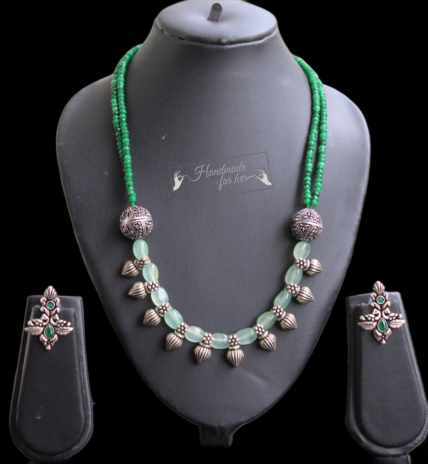 Handmade Green Beaded Necklace Set with Silver Accents & Earrings - Beaded Treasures
