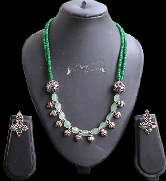 Handmade Green Beaded Necklace Set with Silver Accents & Earrings - Beaded Treasures