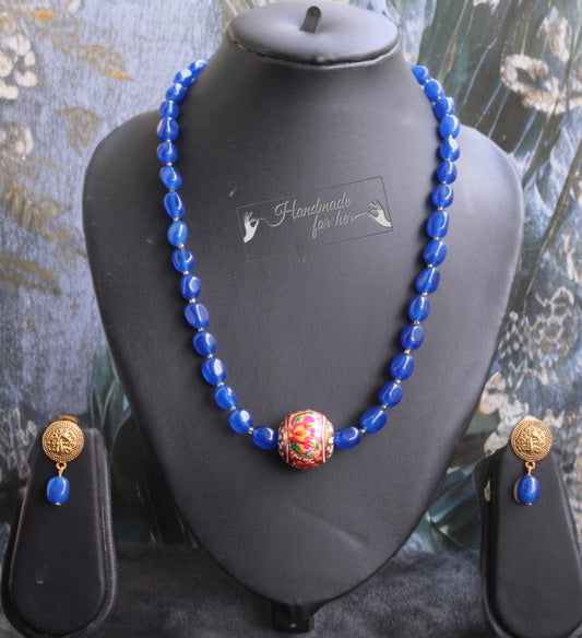 Handmade Blue Jade Beaded Necklace Set with Painted Accent Bead & Earrings - Beaded Treasures