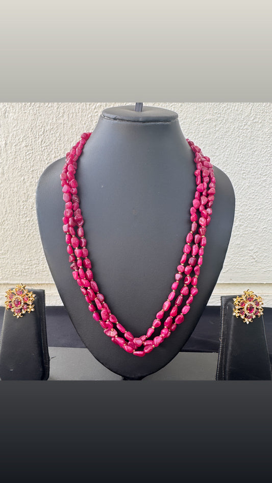 Handmade Natural Ruby Three-Strand Necklace Set with Earrings - Beaded Treasures