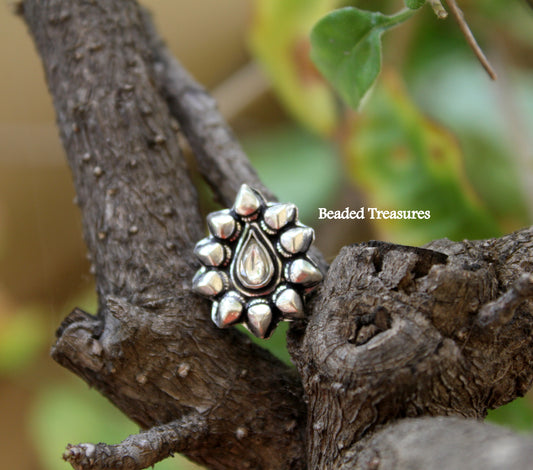 Oxidized Silver Flower Nose Stud with White Stone - Beaded Treasures
