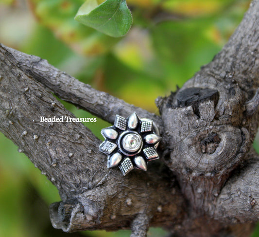 Oxidized Silver Flower Nose Stud with White Stone - Beaded Treasures