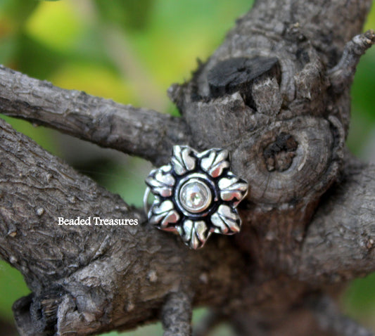 Oxidized Silver Flower Nose Stud with White Stone - Beaded Treasures