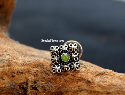 Oxidized Silver Square Nose Stud with Green Stone - Beaded Treasures