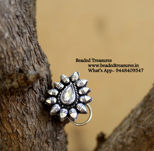 Oxidized Silver Flower Nose Stud with White Stone - Beaded Treasures
