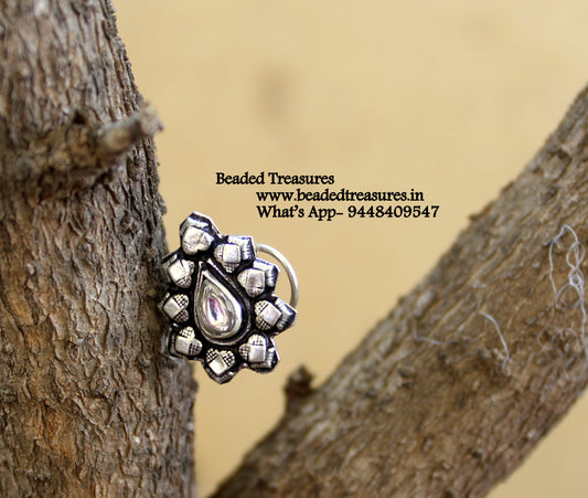 Oxidized Silver Flower Nose Stud with White Stone - Beaded Treasures