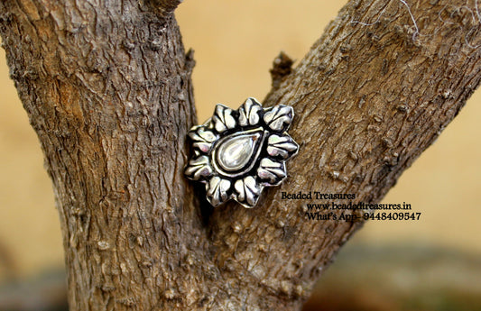 Oxidized Silver Flower Nose Stud with White Stone - Beaded Treasures