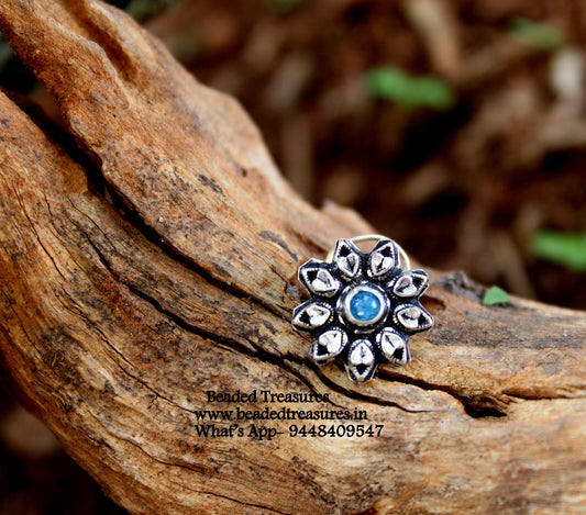Oxidized Silver Flower Nose Stud with Blue Stone - Beaded Treasures