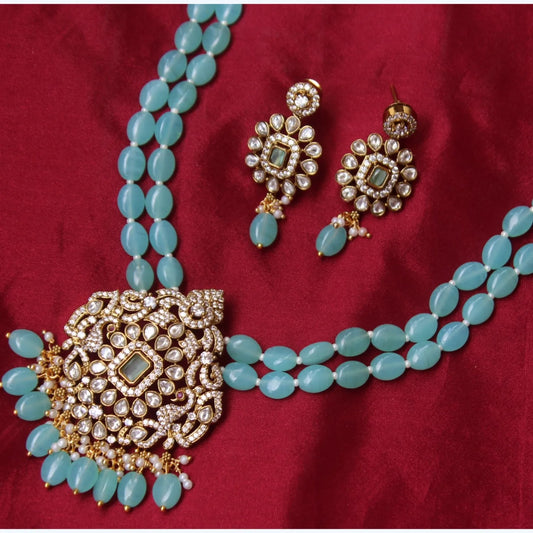 Kundan & Light Blue Beads Necklace Set - Beaded Treasures