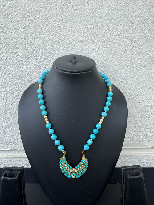 Handmade Turquoise & Pearl Necklace with Meenakari Pendant - Beaded Treasures