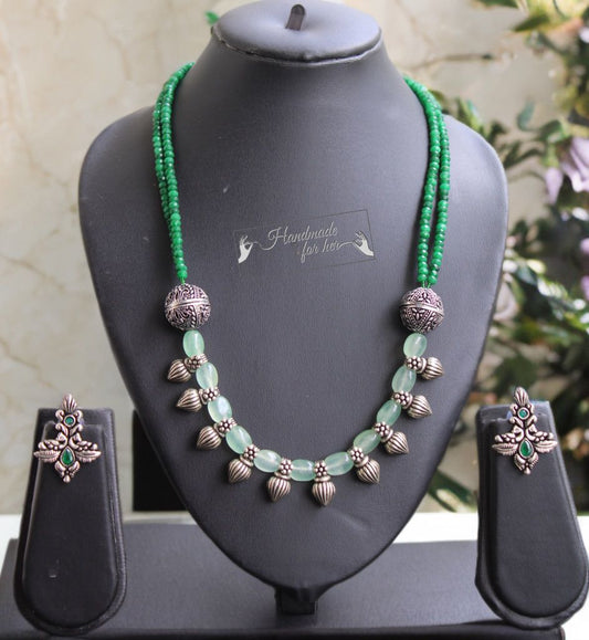 Handmade Green Agate Necklace & Bracelet Set with Oxidised Silver & Earrings - Beaded Treasures