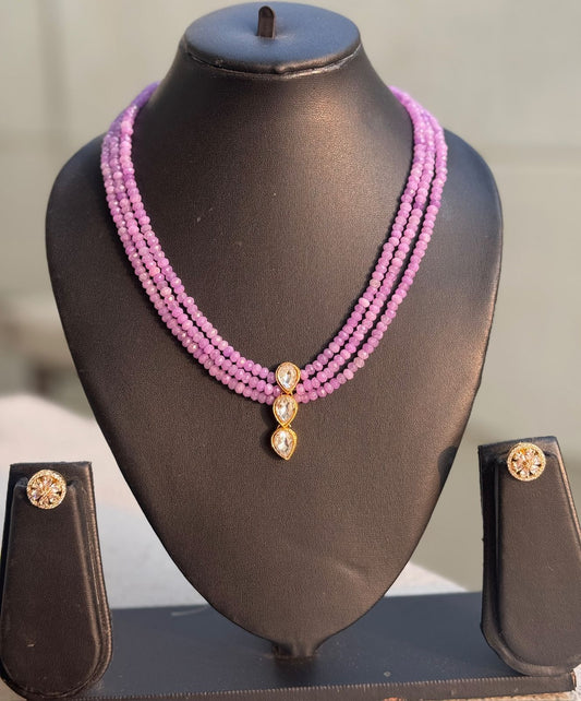 Handmade Three-Strand Pink Stone Necklace Set with Pendant & Earrings - Beaded Treasures
