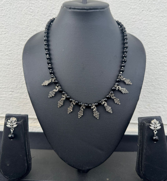 Handmade Black Beads and Oxidized Silver Peacock Necklace Set - Beaded Treasures