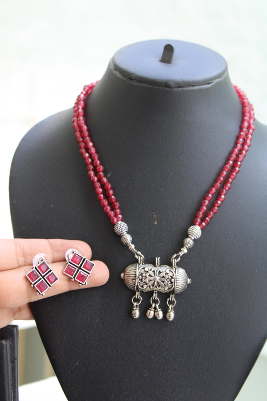 Handmade Ruby Bead and Oxidized Silver Necklace Set - Beaded Treasures