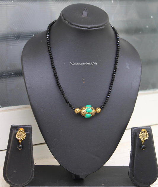 Handmade Black Beads & Green Stone Necklace Set - Beaded Treasures
