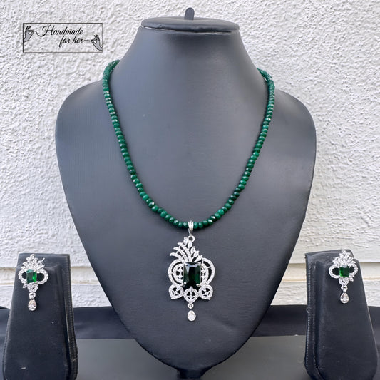 Designer Emerald Green Bead Necklace Set with AD Pendant & Earrings - Beaded Treasures Bengaluru