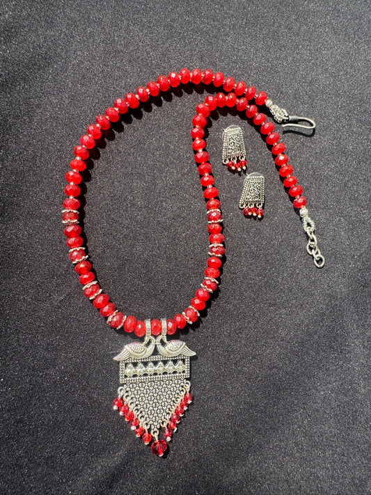 Red Crystal & Silver-Tone Pendant Necklace Set - Beaded Treasures