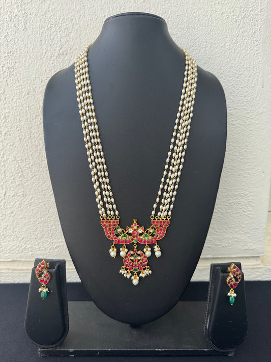 Kempu Stone Peacock Pendant Pearl Mala Set - Beaded Treasures