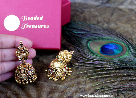 Antique Peacock Jhumka Earrings with Colorful Stones - Beaded Treasures