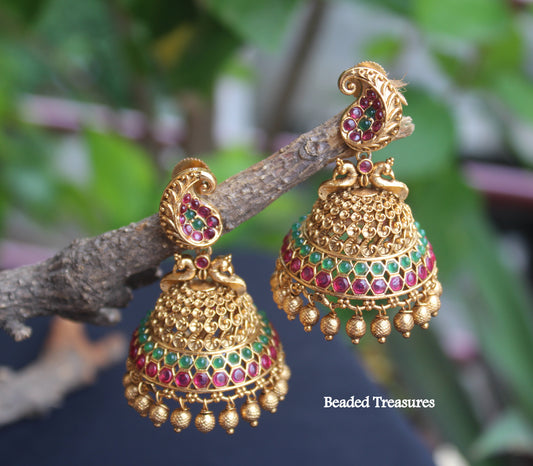 Gold Peacock Jhumka Earrings with Kemp & Green Stones - Beaded Treasures