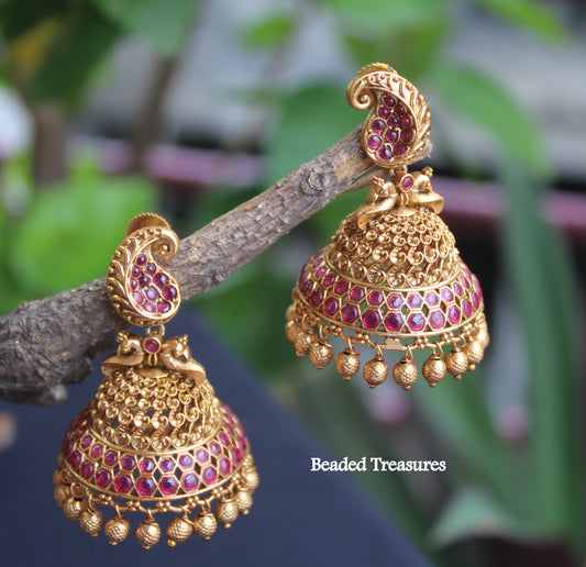 Gold Peacock Jhumka Earrings with Kemp & Green Stones - Beaded Treasures
