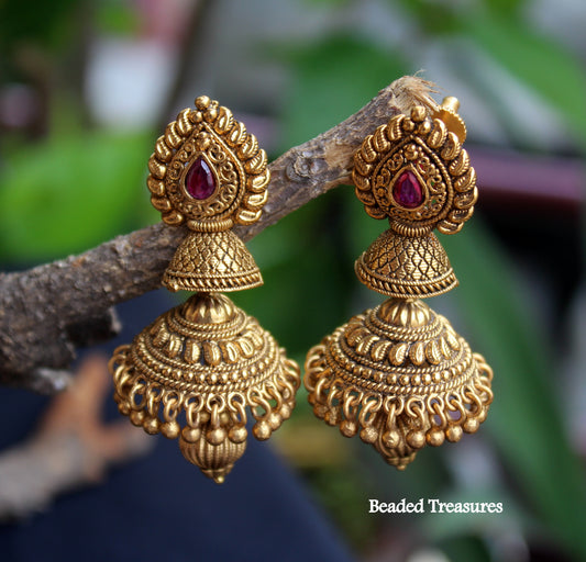 Antique Gold Jhumka Earrings with Ruby Stone - Beaded Treasures