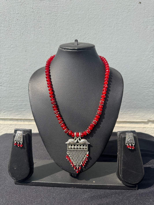 Handmade Red Crystal Bead Necklace Set with Oxidized Silver Pendant & Earrings - Beaded Treasures