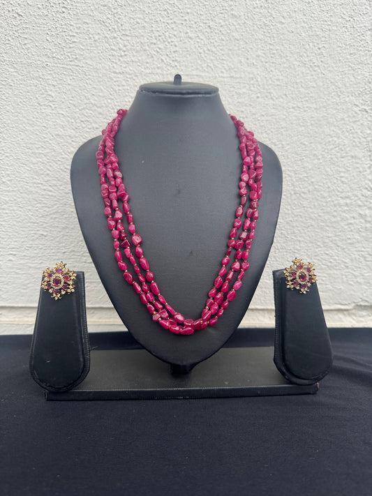 Handmade Natural Ruby Three-Strand Necklace Set with Earrings - Beaded Treasures