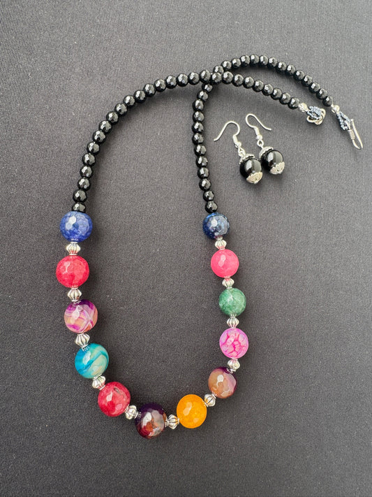 Handmade Multi-Gemstone Beaded Necklace Set with Black Onyx & Earrings - Beaded Treasures