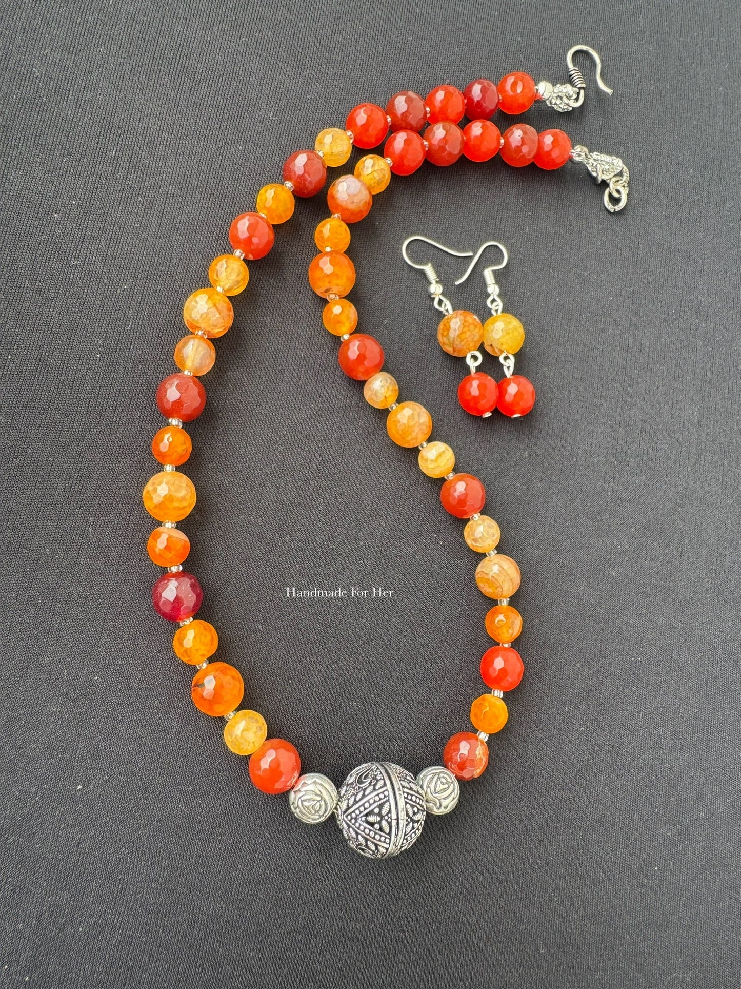 Handmade Carnelian Beaded Necklace Set with Oxidized Silver & Earrings - Beaded Treasures