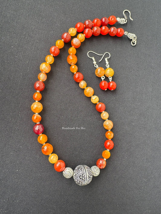 Handmade Carnelian Beaded Necklace Set with Oxidized Silver & Earrings - Beaded Treasures