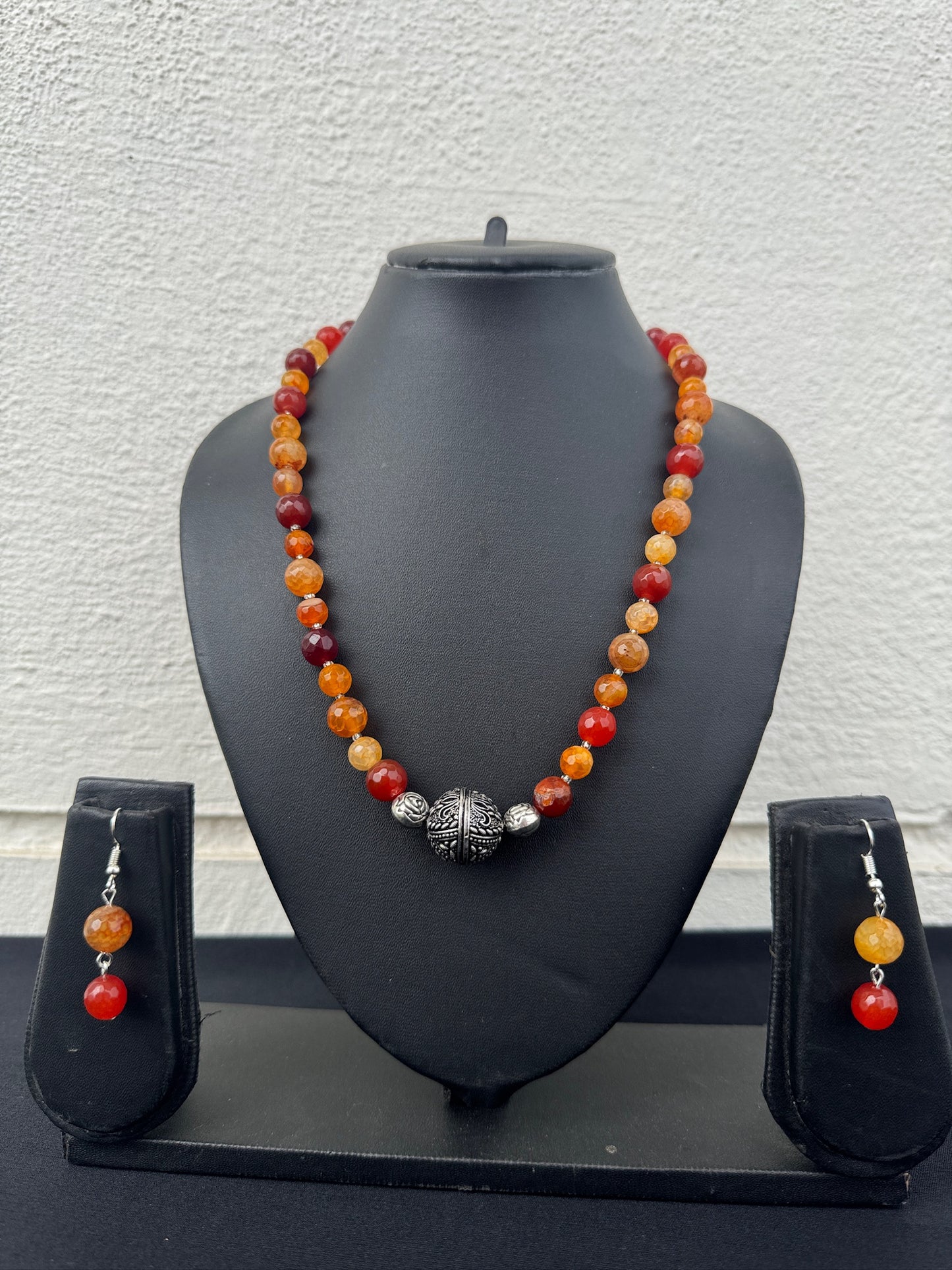 Handmade Carnelian Beaded Necklace Set with Oxidized Silver & Earrings - Beaded Treasures