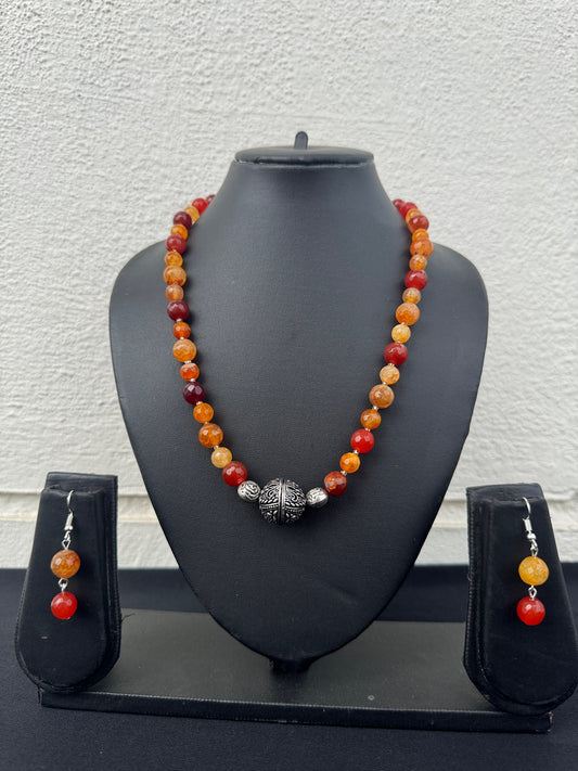 Handmade Carnelian Beaded Necklace Set with Oxidized Silver & Earrings - Beaded Treasures