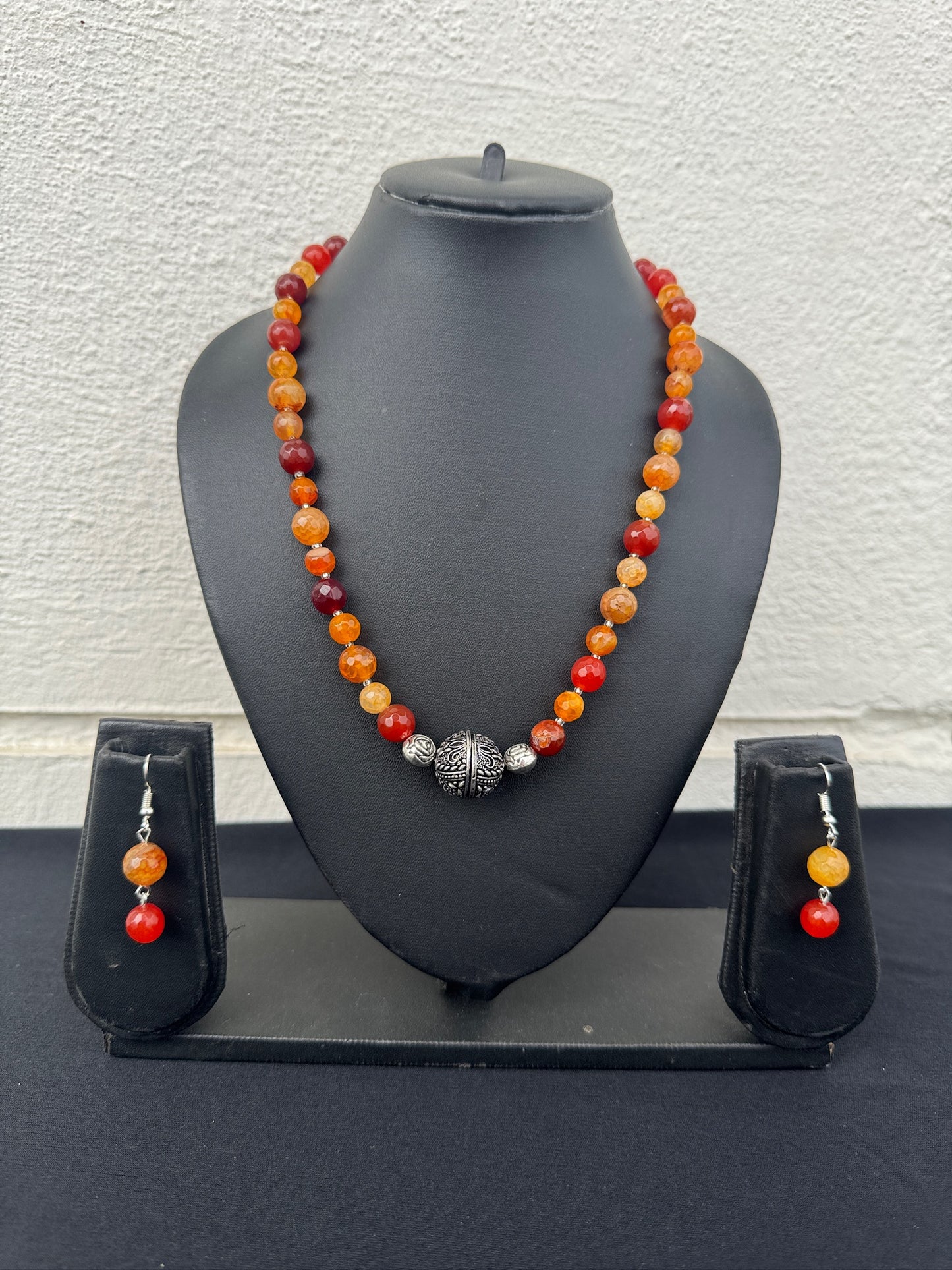 Handmade Carnelian Beaded Necklace Set with Oxidized Silver & Earrings - Beaded Treasures