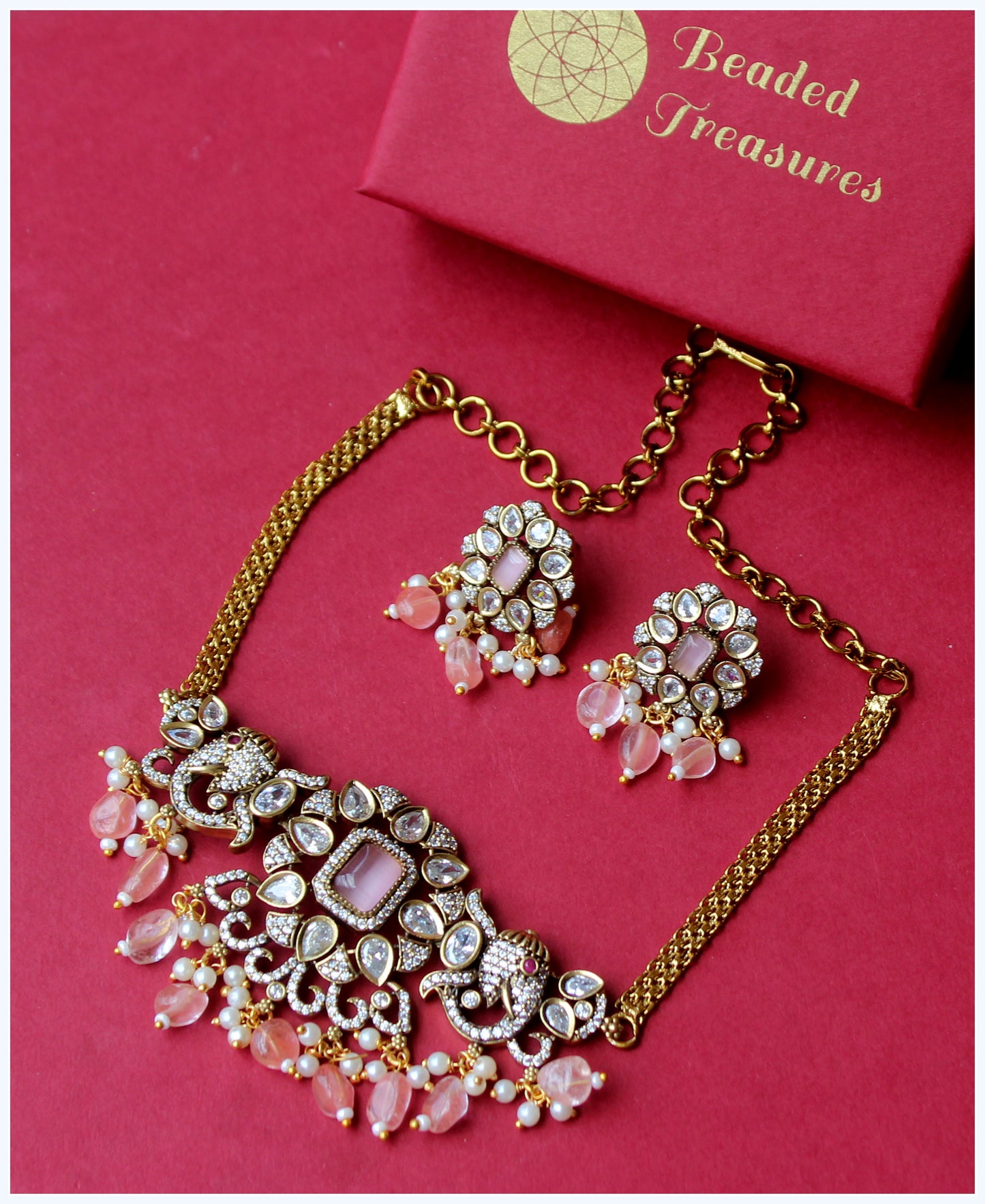 Victorian Choker Set with Pink Stones - Beaded Treasures